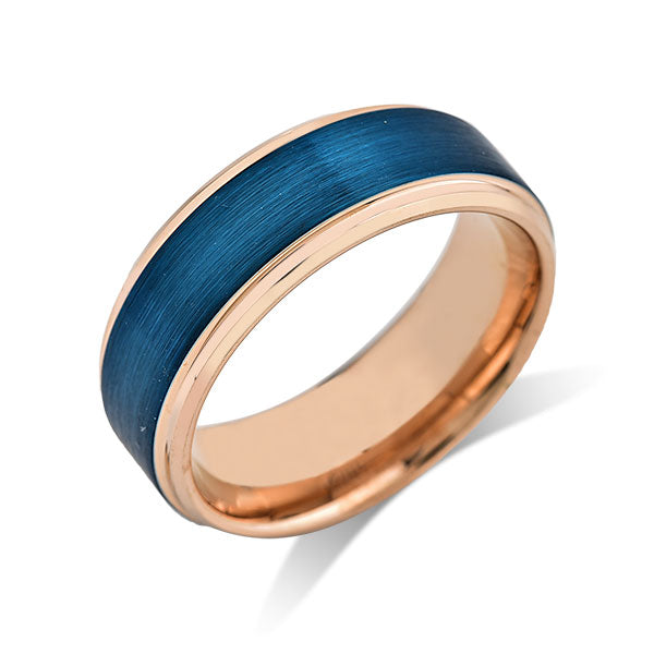 Blue Tungsten Wedding Band - Rose Gold Tungsten Ring - 8mm - Mens Ring - Tungsten Carbide - Engagement Band - Comfort Fit