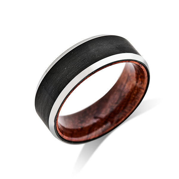 Koa Wood Wedding Ring - Black Brushed Tungsten Band - Silver Beveled Edges - Hawaiian Koa Wood - 8mm - Mens - Comfort Fit