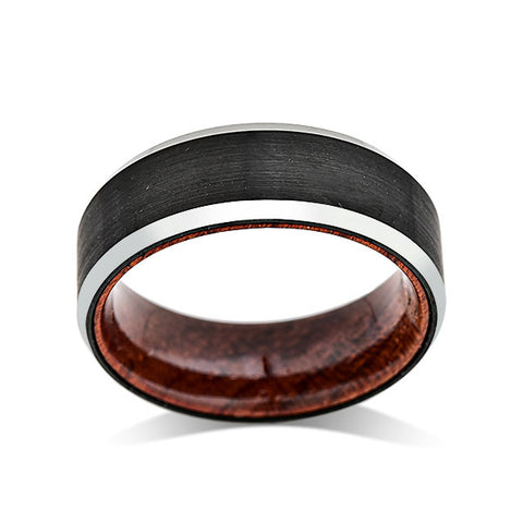 Koa Wood Wedding Ring - Black Brushed Tungsten Band - Silver Beveled Edges - Hawaiian Koa Wood - 8mm - Mens - Comfort Fit