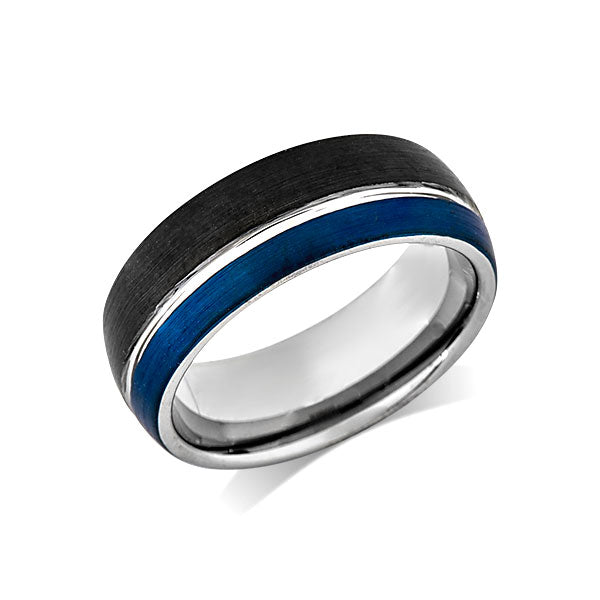Blue Tungsten Wedding Band - Black Brushed Tungsten Ring - 8mm - Mens Ring - Tungsten Carbide - Engagement Band - Comfort Fit - LUXURY BANDS LA