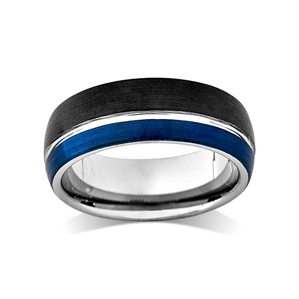 Blue Tungsten Wedding Band - Black Brushed Tungsten Ring - 8mm - Mens Ring - Tungsten Carbide - Engagement Band - Comfort Fit - LUXURY BANDS LA