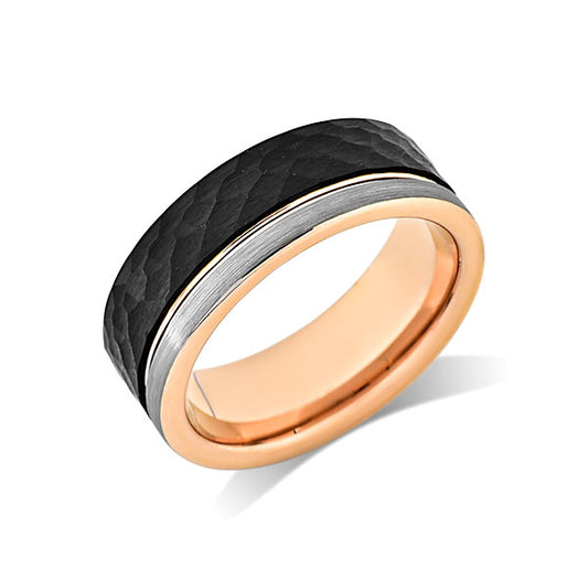 Rose Gold Tungsten Wedding Band - Black Hammered Ring - 8mm Unique Engagement Band - Comfort Fit