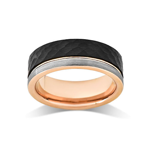 Rose Gold Tungsten Wedding Band - Black Hammered Ring - 8mm Unique Engagement Band - Comfort Fit