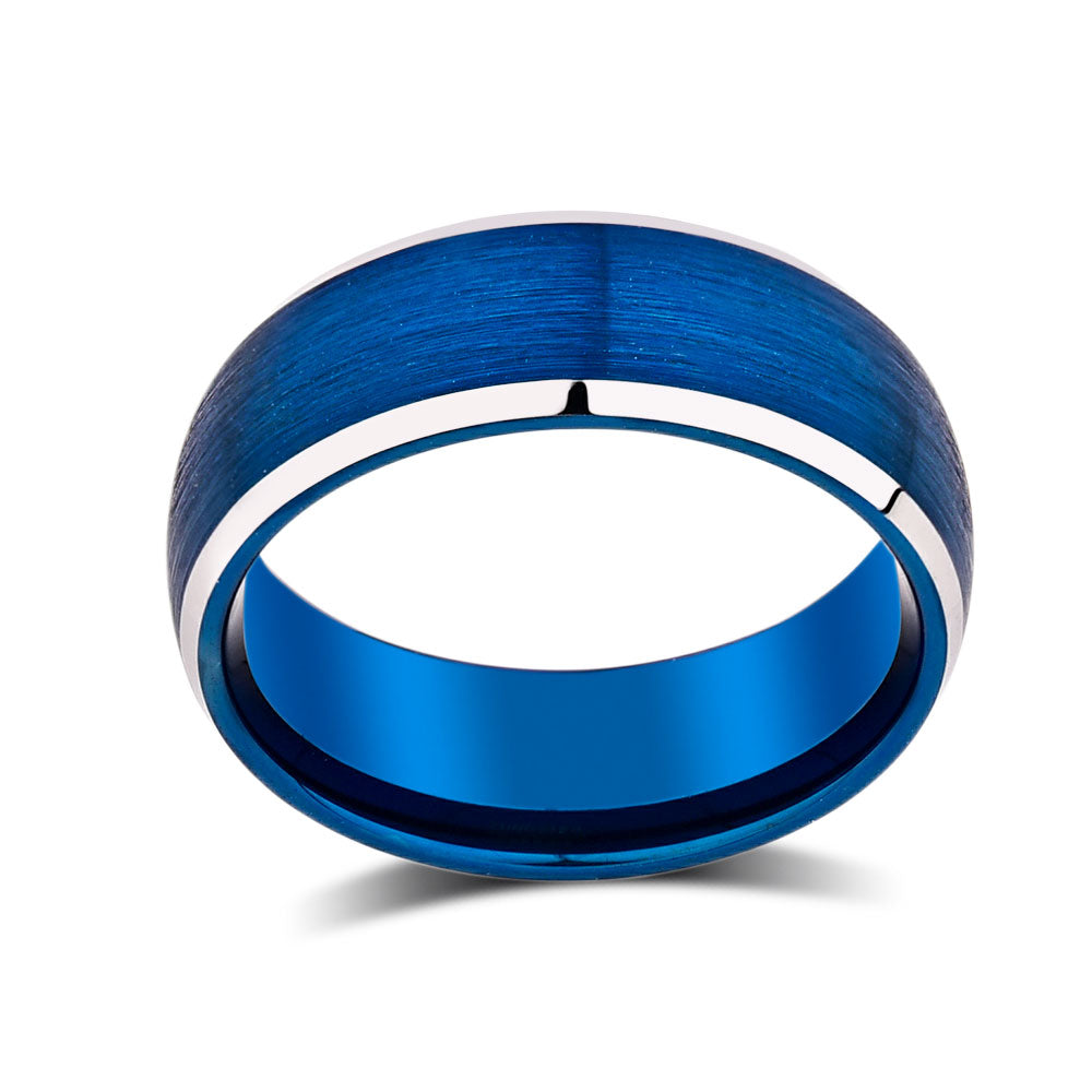 Blue Tungsten Wedding Band - Silver Beveled Edges- 8mm - Mens Engagement Ring - LUXURY BANDS LA