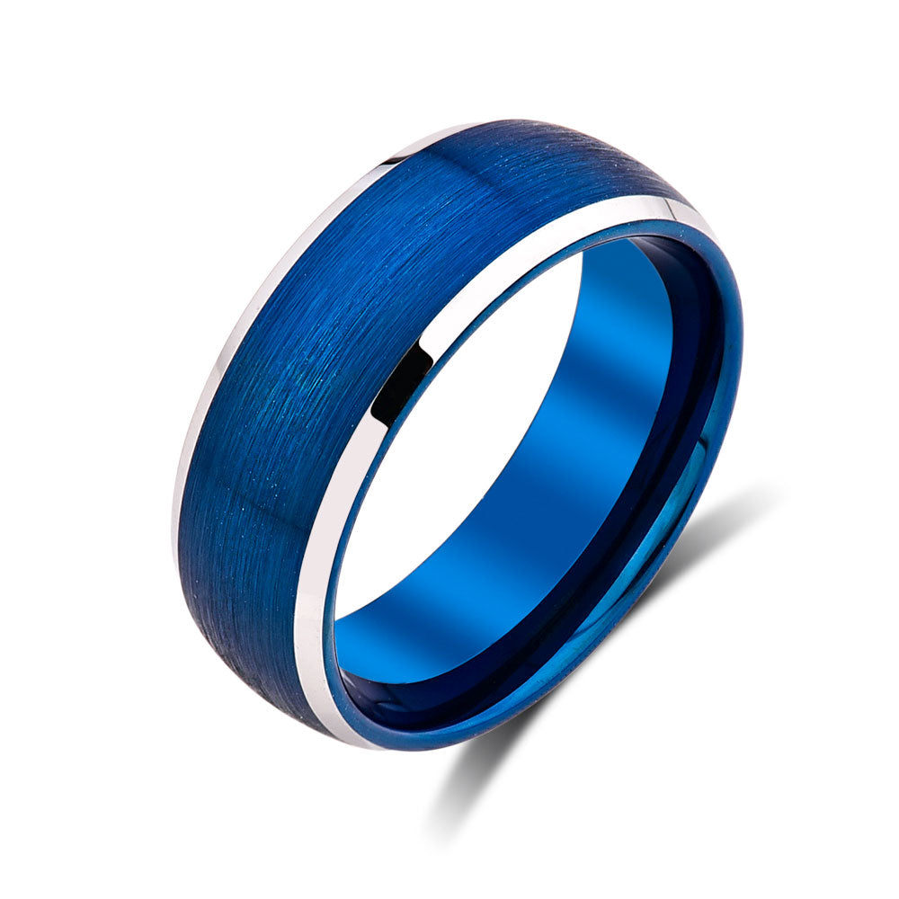 Blue Tungsten Wedding Band - Silver Beveled Edges- 8mm - Mens Engagement Ring - LUXURY BANDS LA