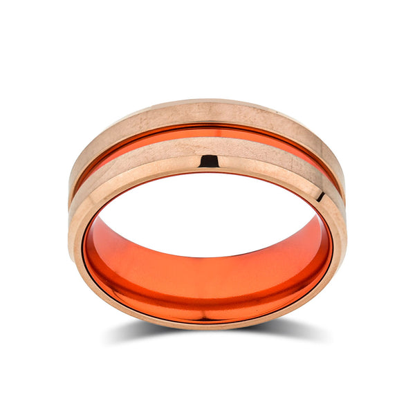 Orange Tungsten Wedding Band - Rose Gold Tungsten Ring - 8mm- Mens Ring - Tungsten Carbide - Engagement Band - Comfort Fit