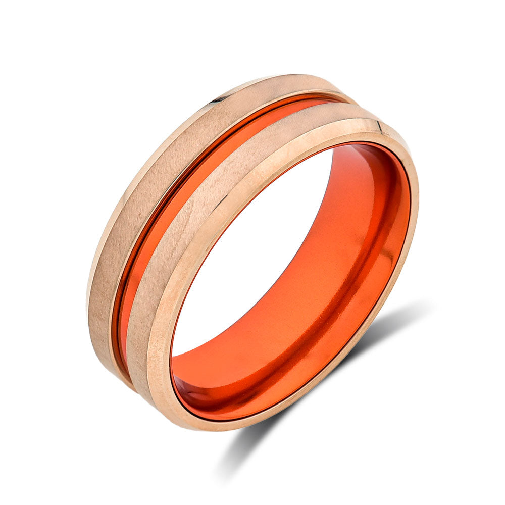 Orange Tungsten Wedding Band - Rose Gold Tungsten Ring - 8mm- Mens Ring - Tungsten Carbide - Engagement Band - Comfort Fit