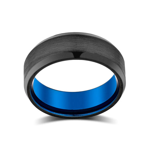 Blue Mens Wedding Band - Black Brushed Tungsten Ring - Beveled Edges