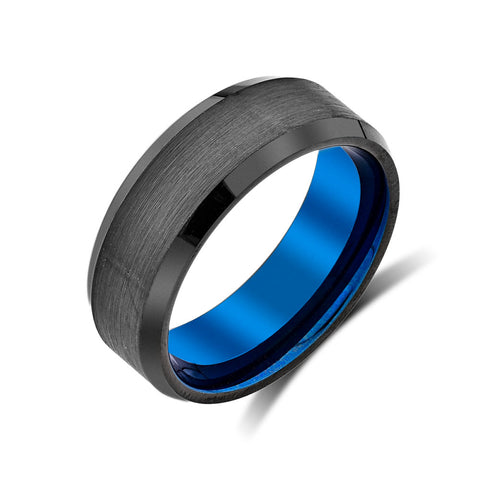 Blue Mens Wedding Band - Black Brushed Tungsten Ring - Beveled Edges