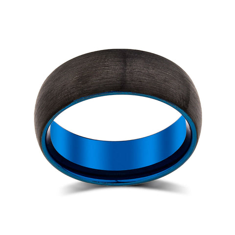 Mens Blue Tungsten Ring - Black Brushed Tungsten Band - Tungsten Carbide