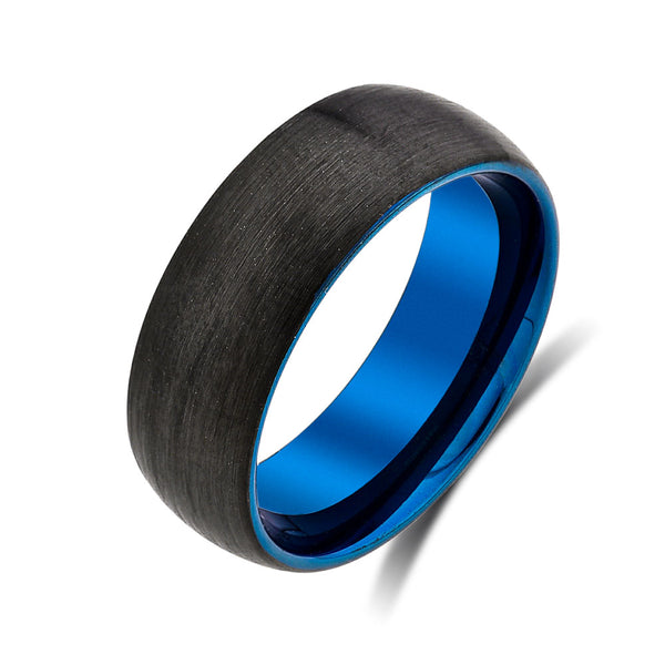Mens Blue Tungsten Ring - Black Brushed Tungsten Band - Tungsten Carbide