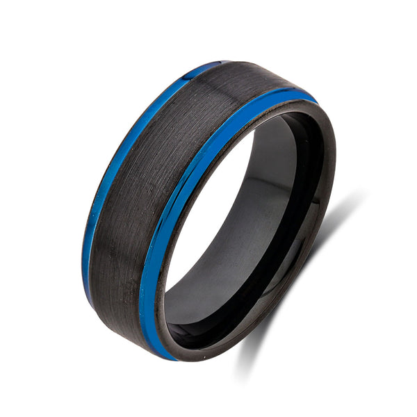 Blue Mens Ring - Black Brushed Tungsten Ring - Blue Stepped Edges