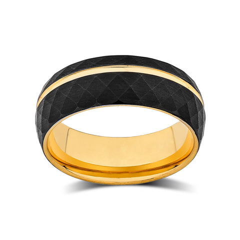 Yellow Gold Tungsten Wedding Band - Black Brushed Ring - Offset Groove - Unique Engagment Band