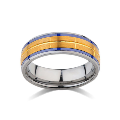Blue Tungsten Wedding Band - Yellow Brushed Tungsten Ring - 8mm - Mens Ring - Unique Tungsten Carbide - Engagement Band - Comfort Fit - LUXURY BANDS LA