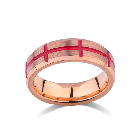 Rose Gold Tungsten Wedding Band - Red Designer Ring - Rose Gold Brushed Tungsten Carbide - 6MM - Mens Ring - Tungsten Carbide - Unique Engagement Band - LUXURY BANDS LA