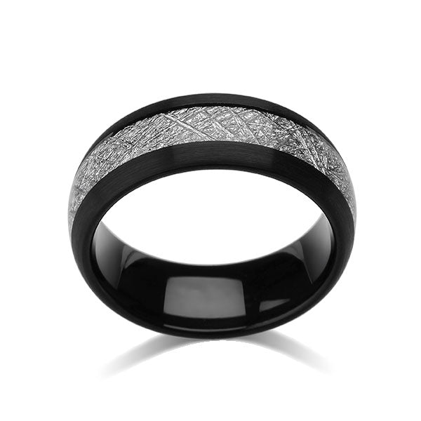 Meteorite Inlay Ring - Black Tungsten Wedding Band - Brushed Black Ring - 8mm - New - Unique - Engagement Band - Comfort Fit - LUXURY BANDS LA