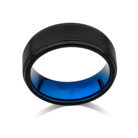 Blue Tungsten Wedding Band - Black Brushed Tungsten Ring - Stepped Edges - 8mm - Mens Ring - Tungsten Carbide - Engagement Band - Comfort Fit - LUXURY BANDS LA