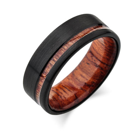 Koa Wood Wedding Ring - Black Brushed Tungsten Band - Offset Koa Wood Ring - Hawaiian Koa Wood - 8mm - Mens - Comfort Fit - LUXURY BANDS LA