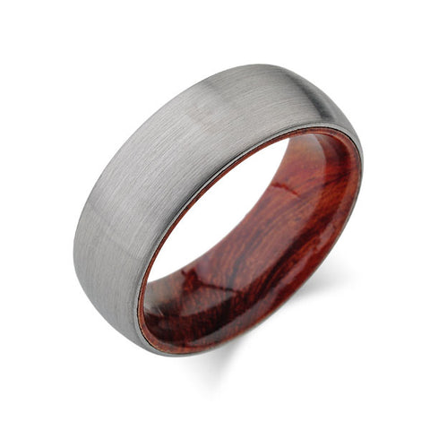 Koa Wood Wedding Ring - Brushed Gray Tungsten Band - Dome  Koa Wood Ring - Hawaiian Koa Wood - 8mm - Mens - Comfort Fit - LUXURY BANDS LA