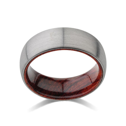 Koa Wood Wedding Ring - Brushed Gray Tungsten Band - Dome  Koa Wood Ring - Hawaiian Koa Wood - 8mm - Mens - Comfort Fit - LUXURY BANDS LA