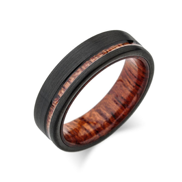 Koa Wood Wedding Ring - Black Brushed Tungsten Band - Offset Koa Wood Ring - Hawaiian Koa Wood - 6mm - Mens - Comfort Fit - LUXURY BANDS LA