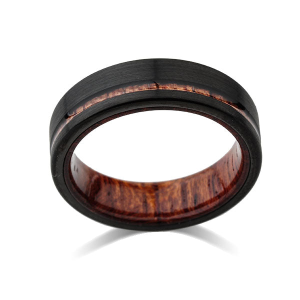 Koa Wood Wedding Ring - Black Brushed Tungsten Band - Offset Koa Wood Ring - Hawaiian Koa Wood - 6mm - Mens - Comfort Fit - LUXURY BANDS LA