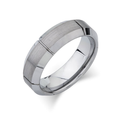 Gray Brushed Tungsten Ring - Unique Mens Band - Grooved - 7mm - High Polish Beveled Edge - Engagement Ring - LUXURY BANDS LA