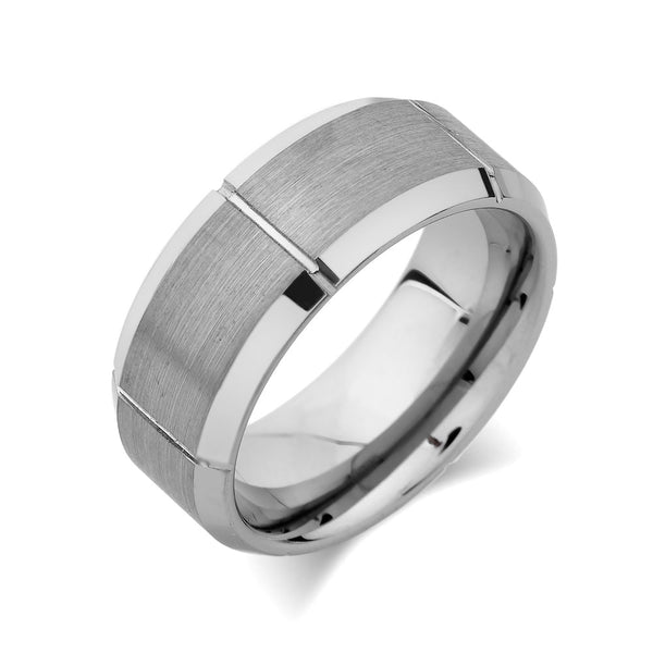 Gray Brushed Tungsten Ring - Unique Mens Band - Grooved - 9mm - High Polish Beveled Edge - Engagement Ring - LUXURY BANDS LA