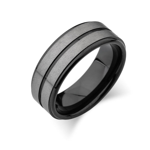 Black Tungsten Wedding Band - 8MM - Gray Brushed Ring - Center Groove - Unique - LUXURY BANDS LA