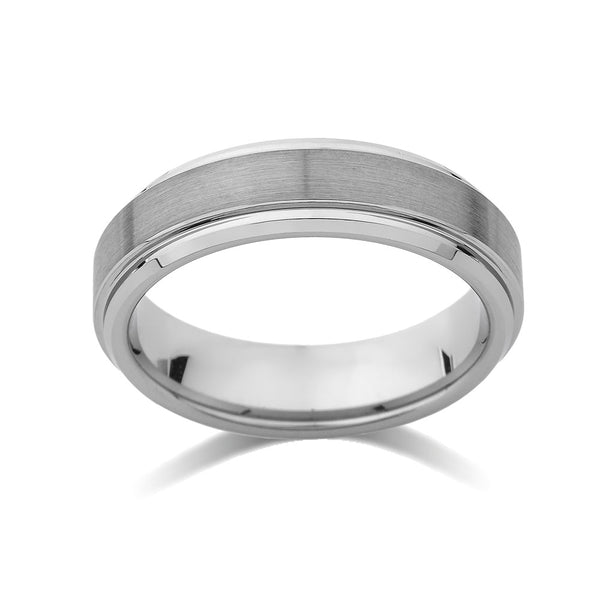 Gray Brushed Tungsten Ring - Pipe Cut - 6mm - High Polish Stepped Edge - Engagement Ring - LUXURY BANDS LA