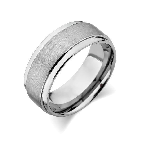 Gray Brushed Tungsten Ring - Gunmetal - 9mm - High Polish Stepped Edge - Engagement Ring - LUXURY BANDS LA
