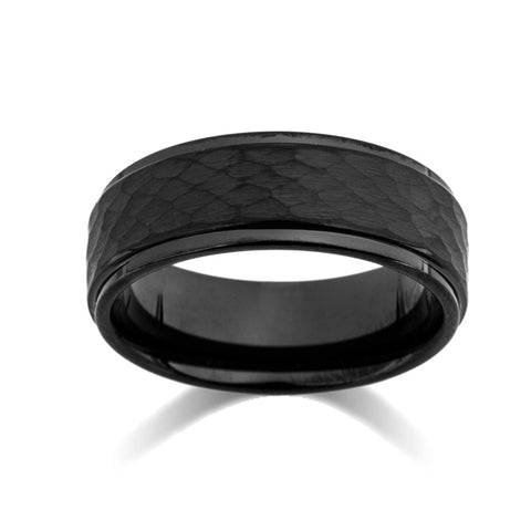 Black Hammered Finish Tungsten Wedding Band - Brushed Black Mens Ring - 8MM - Tungsten Carbide - LUXURY BANDS LA
