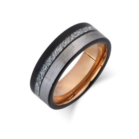 Meteorite Tungsten Wedding Band - Rose Gold Ring - 8mm - Brushed Gray - Unique Mens Ring - LUXURY BANDS LA