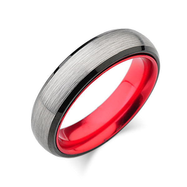 Red Tungsten Wedding Band - Gray Brushed Ring - 6mm Red Ring - Unique New Design - Engagement Band - Comfort Fit - LUXURY BANDS LA