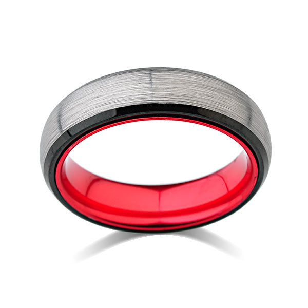 Red Tungsten Wedding Band - Gray Brushed Ring - 6mm Red Ring - Unique New Design - Engagement Band - Comfort Fit - LUXURY BANDS LA