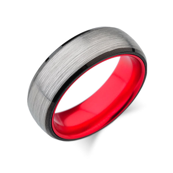 Red Tungsten Wedding Band - Gray Brushed Ring - 8mm Red Ring - Unique New Design - Engagement Band - Comfort Fit - LUXURY BANDS LA