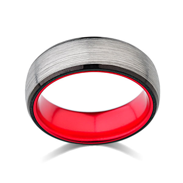 Red Tungsten Wedding Band - Gray Brushed Ring - 8mm Red Ring - Unique New Design - Engagement Band - Comfort Fit - LUXURY BANDS LA