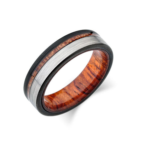 Koa Wood Ring - Gray and Black - Brushed Tungsten Band - 6mm - Offset Koa Wood - Unique Hawaiian Koa Wood Ring - Unisex - Comfort Fit - LUXURY BANDS LA