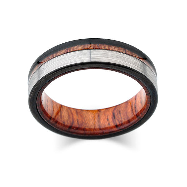 Koa Wood Ring - Gray and Black - Brushed Tungsten Band - 6mm - Offset Koa Wood - Unique Hawaiian Koa Wood Ring - Unisex - Comfort Fit - LUXURY BANDS LA