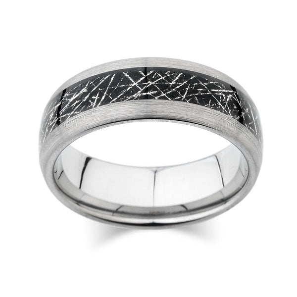 Meteorite Inlay Ring - Brushed Gray - Tungsten Wedding Band - 8mm - New - Unique Design- Engagement Band - Comfort Fit - LUXURY BANDS LA
