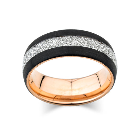 Rose Gold Tungsten Wedding Band - Black Brushed Meteorite - Tungsten Engagement Ring - 8mm Ring - Unique Band - Comfort Fit - LUXURY BANDS LA