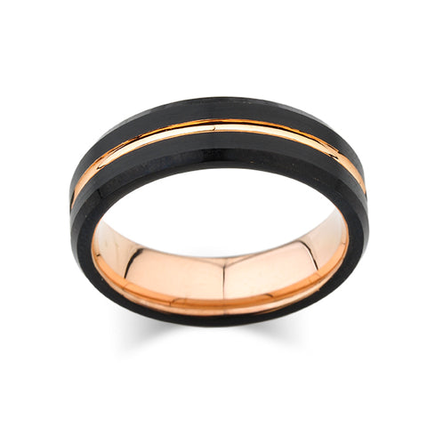 Rose Gold Tungsten Wedding Band - Black Brushed Tungsten Ring - Beveled Edges - 6mm - Unisex - Unique - Engagement Band - Comfort Fit - LUXURY BANDS LA