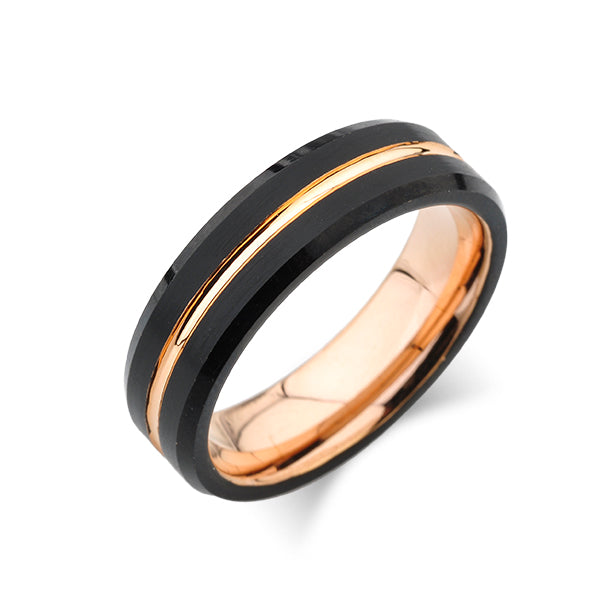 Rose Gold Tungsten Wedding Band - Black Brushed Tungsten Ring - Beveled Edges - 6mm - Unisex - Unique - Engagement Band - Comfort Fit - LUXURY BANDS LA