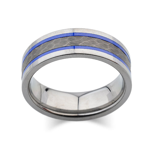 Blue Tungsten Wedding Band - Silver Hammered Tungsten Ring - 8mm - Mens Ring - Tungsten Carbide - Engagement Band - Comfort Fit - LUXURY BANDS LA
