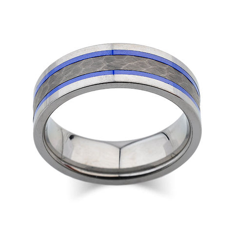 Blue Tungsten Wedding Band - Silver Hammered Tungsten Ring - 8mm - Mens Ring - Tungsten Carbide - Engagement Band - Comfort Fit - LUXURY BANDS LA