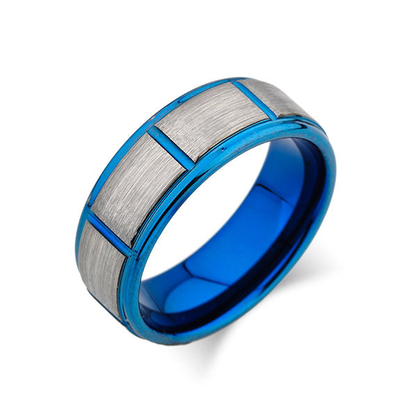 Blue Tungsten Wedding Band - Gray Brushed Tungsten Ring - 8mm - Mens Ring - Tungsten Carbide - New Unique Design -Engagement Band - Comfort Fit - LUXURY BANDS LA