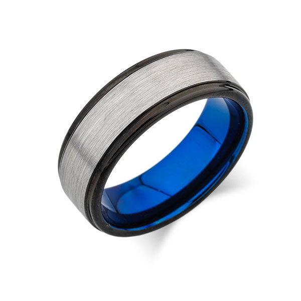Blue Tungsten Wedding Band - Gray Brushed Tungsten Ring - Black Stepped Edges - 8mm - Mens Ring - Tungsten Carbide - Engagement Band - Comfort Fit - LUXURY BANDS LA