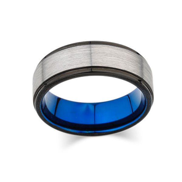 Blue Tungsten Wedding Band - Gray Brushed Tungsten Ring - Black Stepped Edges - 8mm - Mens Ring - Tungsten Carbide - Engagement Band - Comfort Fit - LUXURY BANDS LA