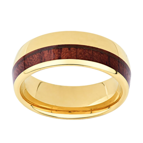 Yellow Gold Koa Wood Ring -  8MM Tungsten Ring - Mens Tungsten Wood Band - Unique Mens Ring