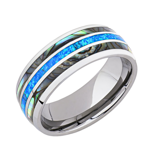 Mens Blue Opal Tungsten Ring - 8MM Mother of Pearl Engagement Band - Unique Mens Ring